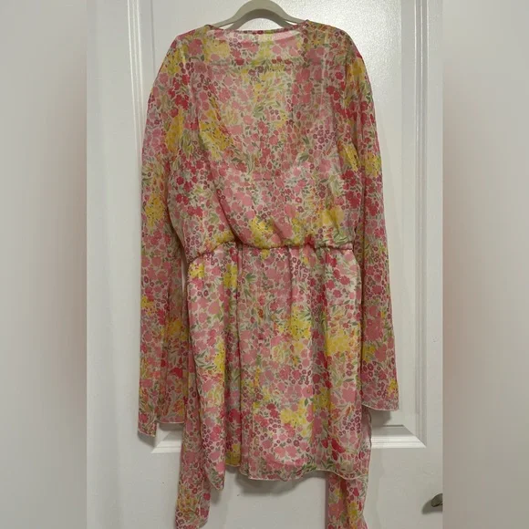 Miss Selfridge Floral Chiffon Romper Pink Yellow Long Sleeve V-Neck US 12 NWT - Picture 7 of 11